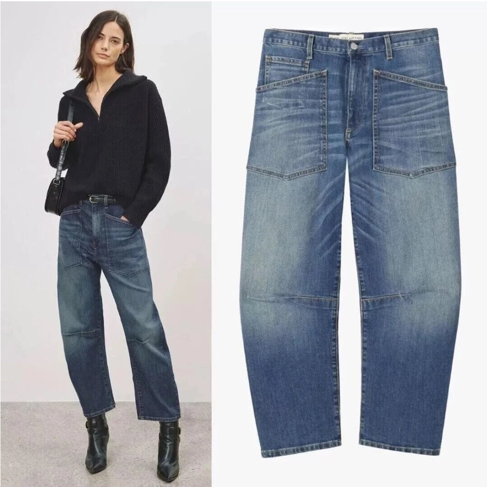 Nili Lotan style Shon Pant Carbon Bow Leg Carpenter 26 blue Barrel jeans